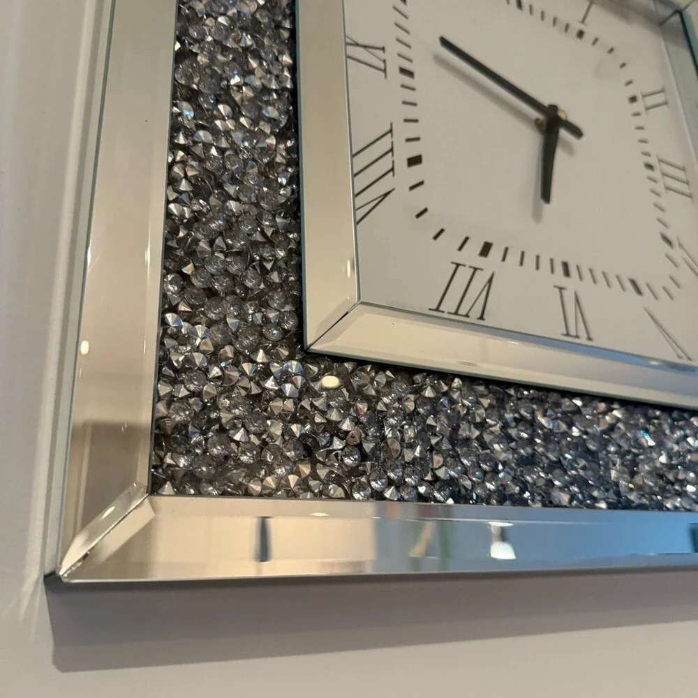 Clock diamonds mirrored shiny sparkly Glam Mirrored Square Wall Clock - Silver